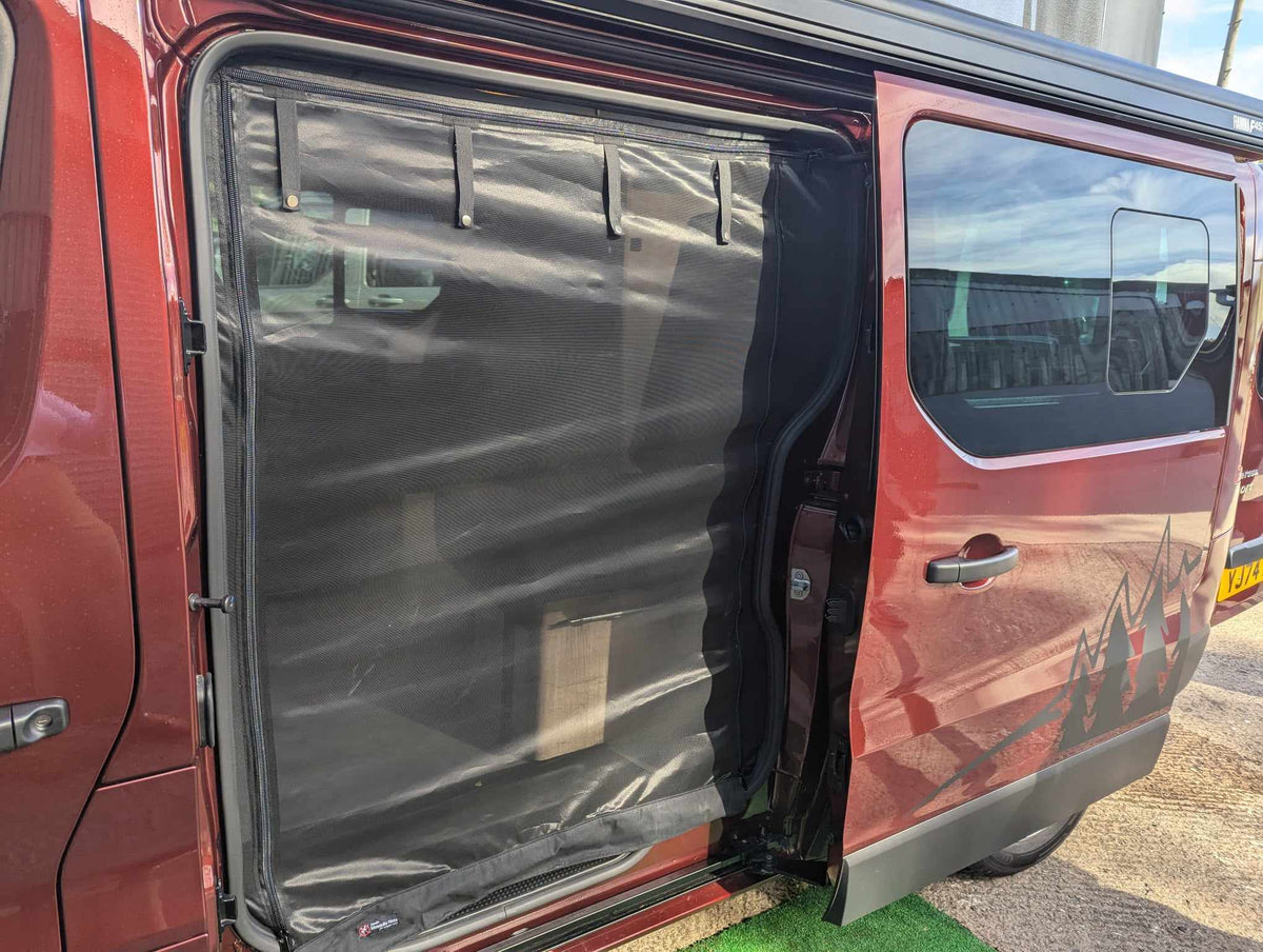 Camper van mosquito net on open side door, black mesh screen with padded frame