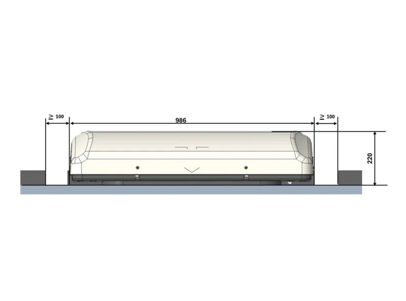 Mestic roof-mounted air conditioner unit, white rear/side profile with inlet grille