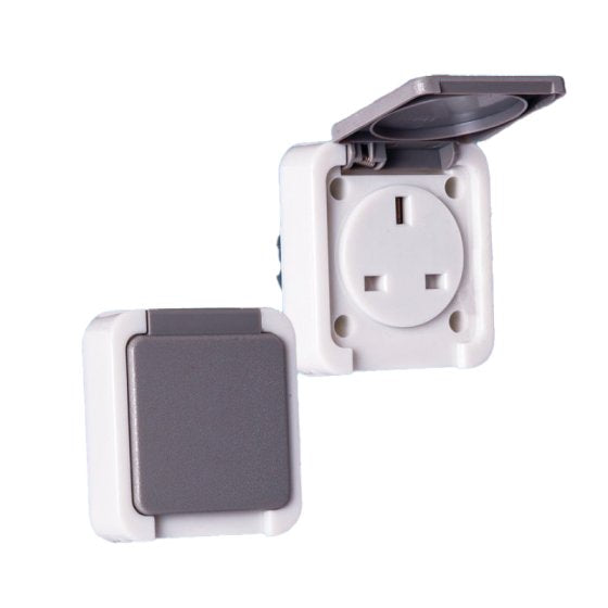 13A 240V mains socket with spring flap, white faceplate