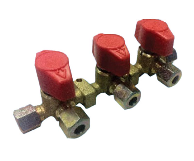 LPG manifold valve with two red caps and two brass outlet ports