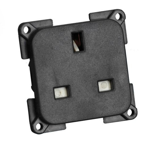 Black dual power module faceplate with two openings and indicator windows, screw mount
