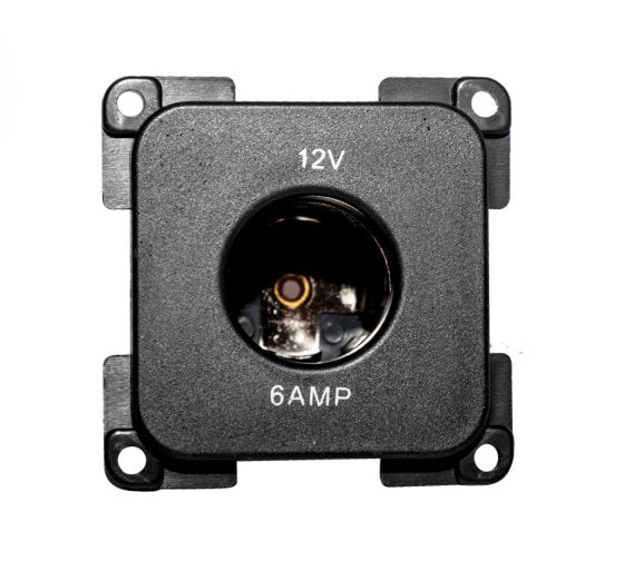 12V power socket module with 6 AMP rating, round outlet in dark housing