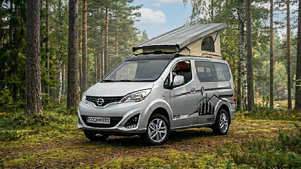 Grey all-electric camper conversion van with side window and open rooftop awning