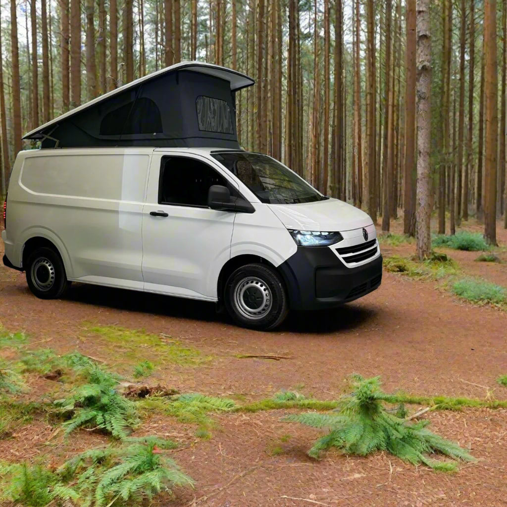 Brand New Shape Ford Transit Custom VW Volkswagen Transporter T7 Pop top eleivating roof campervan 2023 2024 2025 front view