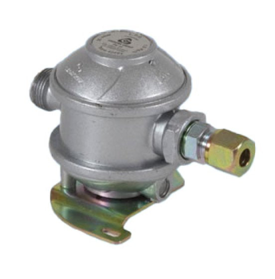 LPG gas regulator, silver metal body with brass inlet/outlet connectors