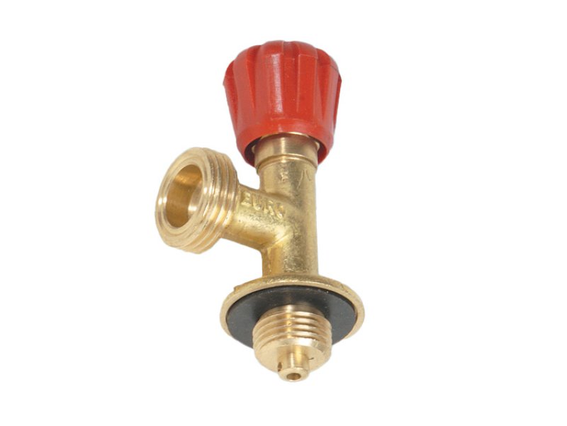 LPG gas valve assembly with red cap, brass body, and hose connection