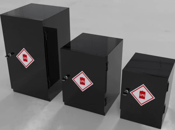 Metal gas locker set of three black steel units with LPG warning labels