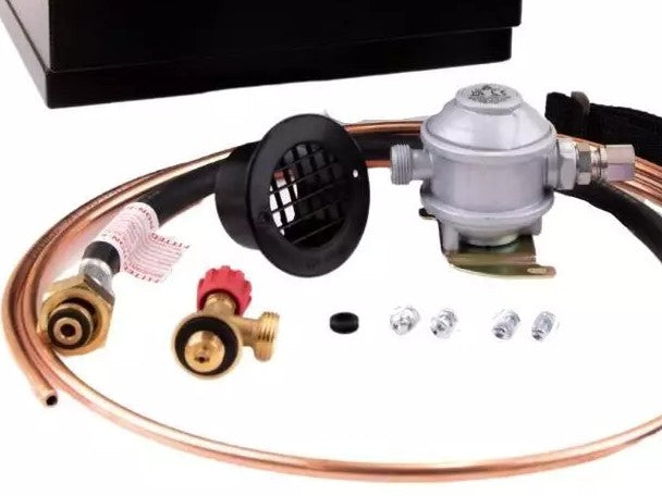 Metal gas locker drop vent kit with regulator, hose, and fittings