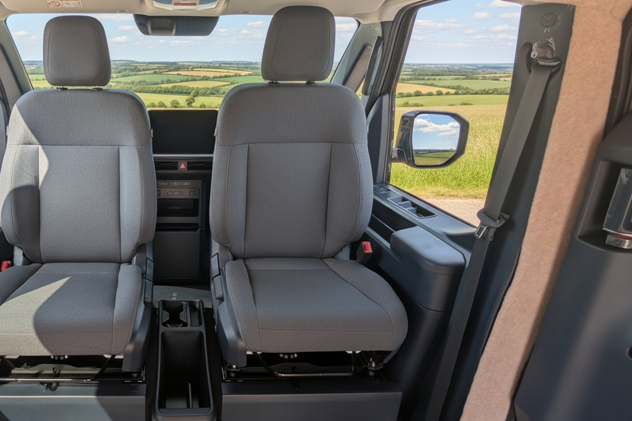 Kia PV5 driver swivel seat professionally fitted by CCCampers — M1 Tested & Certified, with lowered centre console, Worcestershire