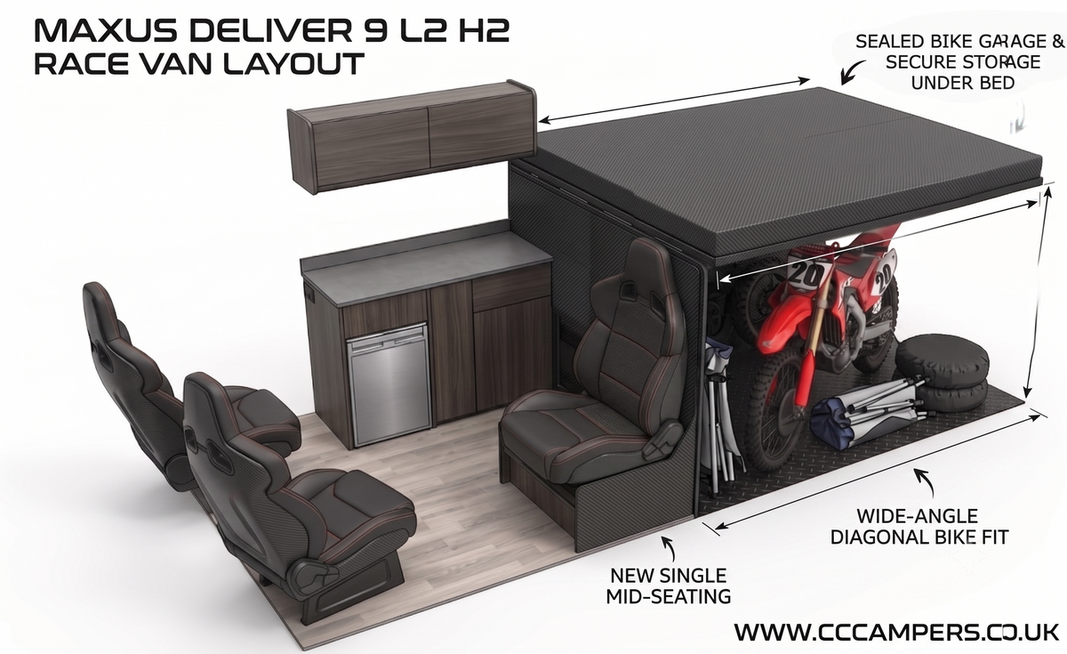 Race van interior layout with fixed bed, seating area, and storage cabinets