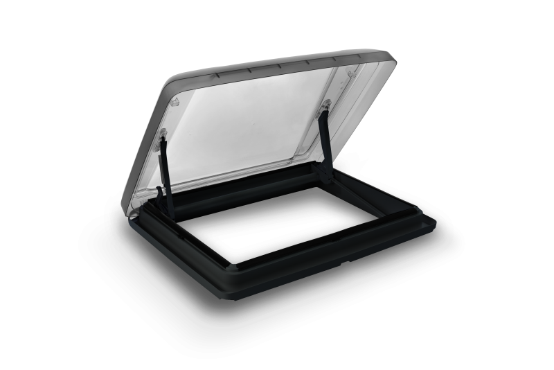 Black pop-top roof vent open with clear lid lifted