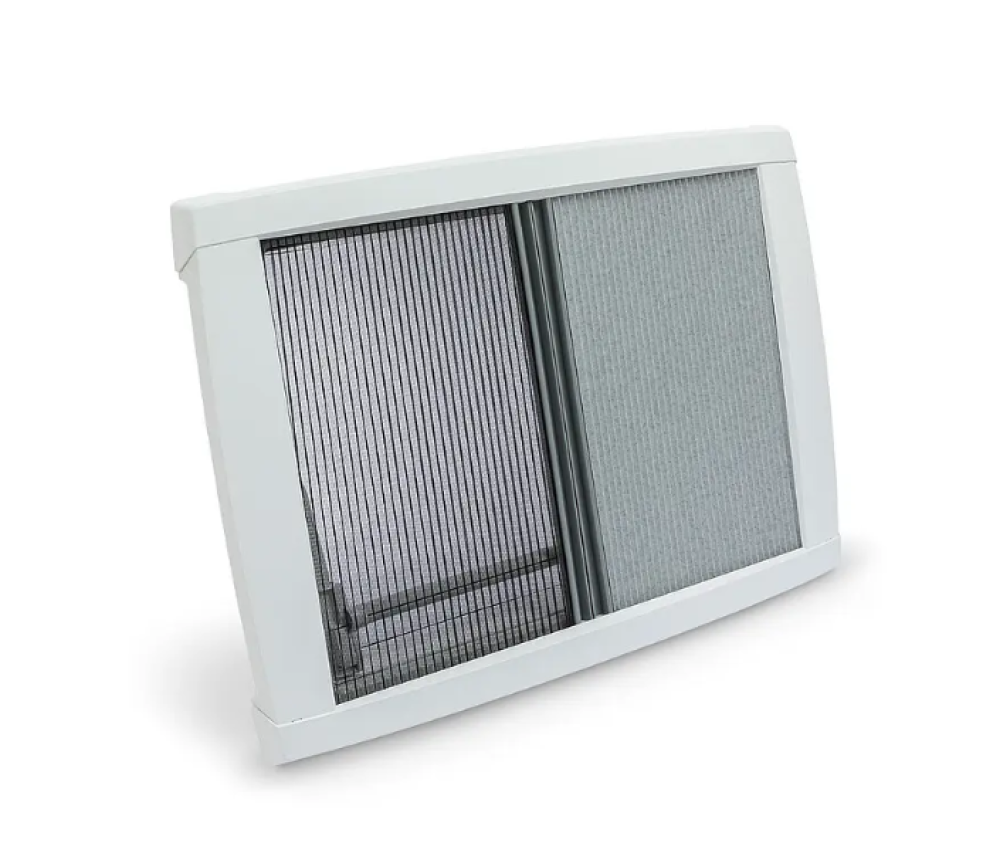 White roof vent with two mesh panels in a rectangular frame