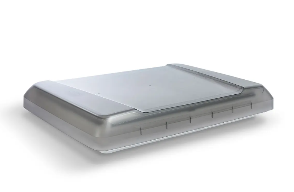 Gray pop-top roof vent with tinted clear lid and vent base