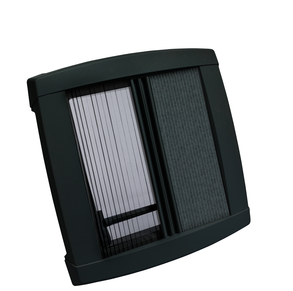 Dark roof vent with two mesh side panels and hinged frame