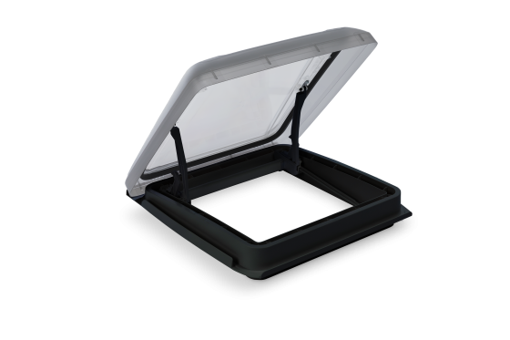 Gray pop-top roof vent open with transparent lid raised