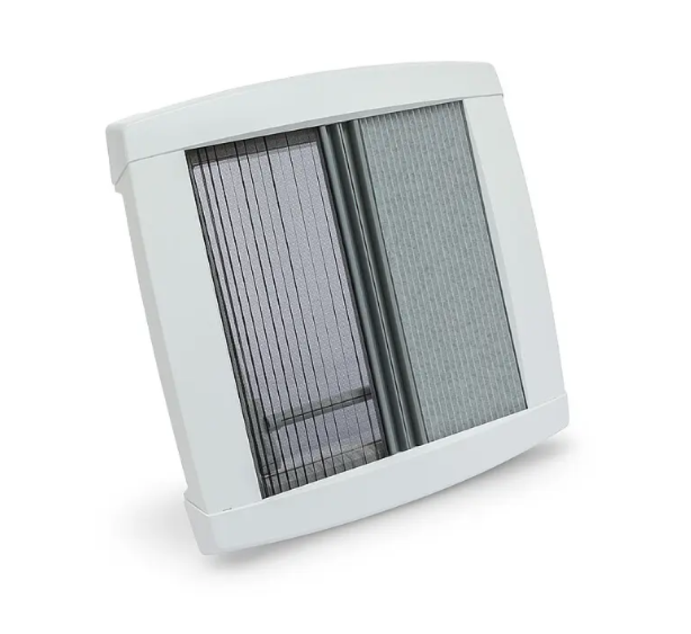 White roof vent with two mesh panels and central divider