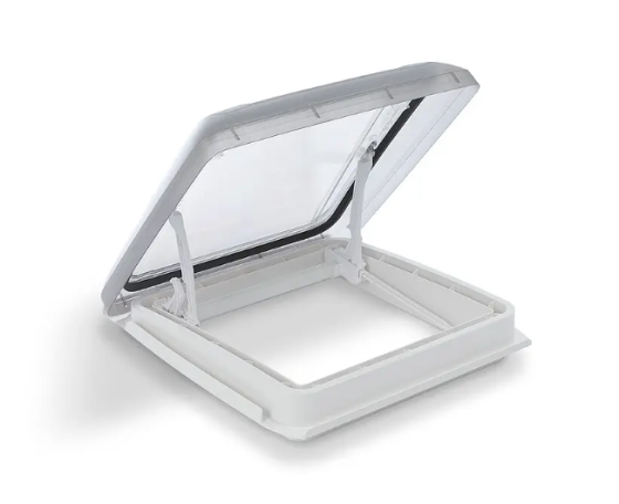 White pop-top roof vent open with clear lid and vent base