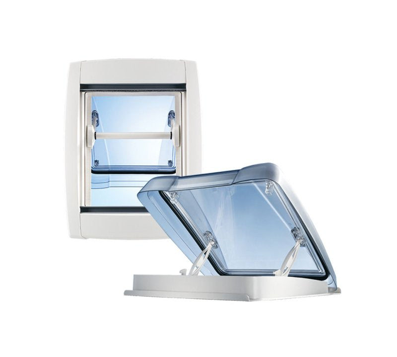 Roof skylight in open position with clear glass panels and white frame