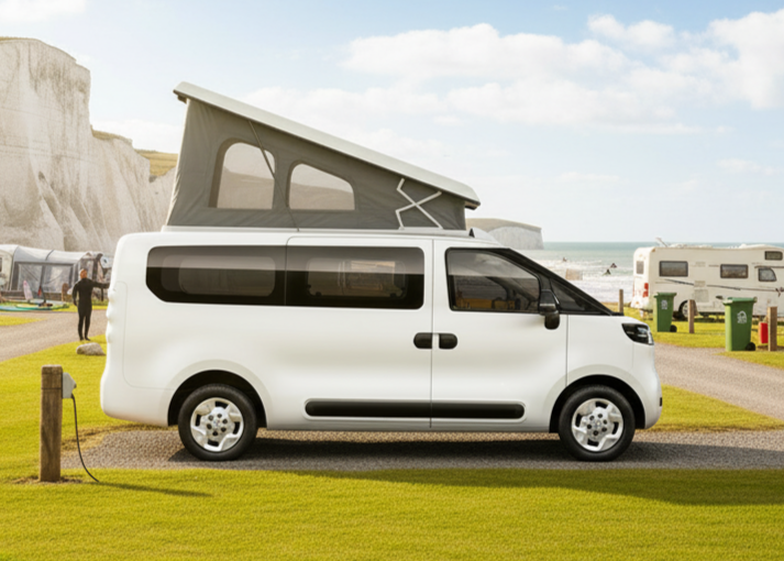 White electric campervan conversion, side profile with sliding door and black window trim