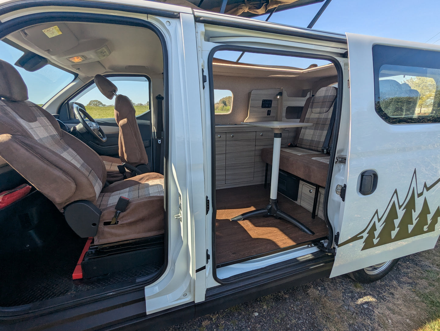 maxus edeliver 3 Electric micro campervan open side door showing kitchenette storage and bench seating