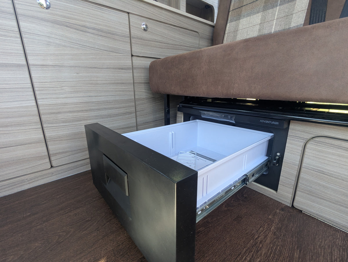 maxus edeliver 3 Electric micro campervan slide-out kitchen drawer system with metal frame and countertop