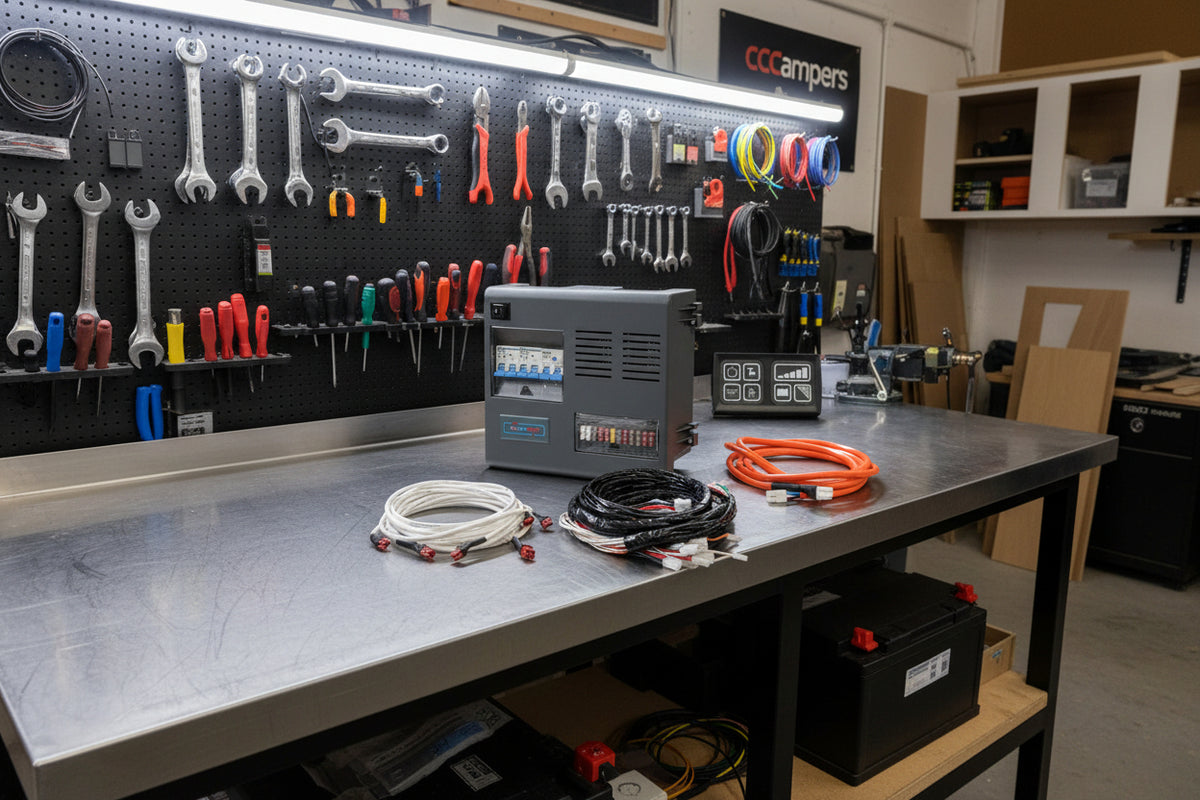 Camper van power distribution unit and plug-and-play wiring kit on workbench