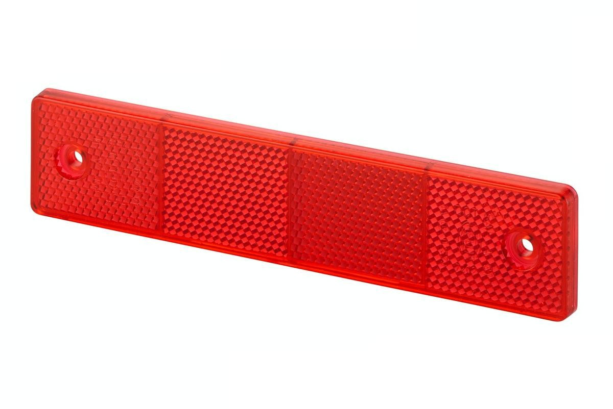 Rectangular red rear safety reflector with three reflective segments and two mounting holes