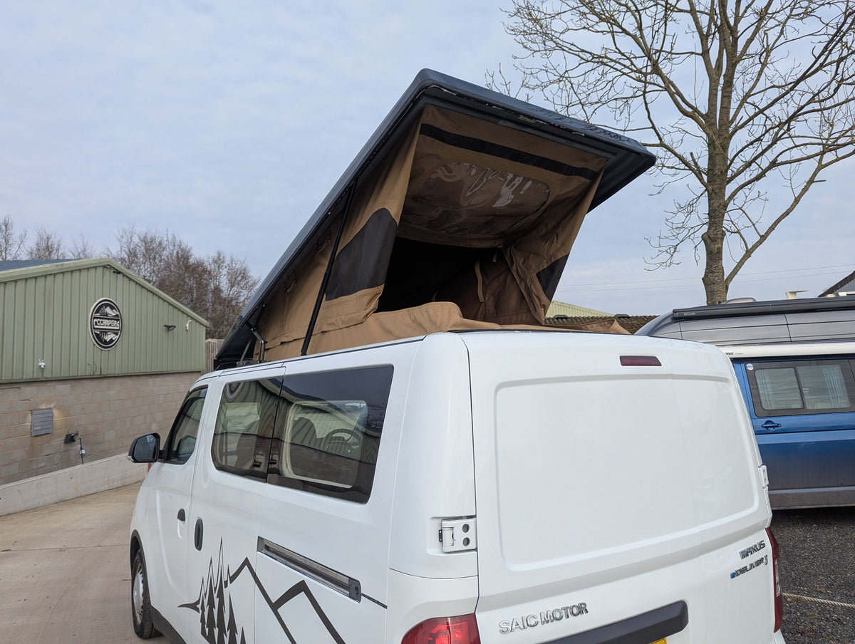 Upgrade your SAIC Maxus eDeliver 3 campervan with the Stargaze Rear Elevating Roof and optional window installation. Enhance headroom, ventilation, and natural light for a more comfortable and spacious adventure. Professionally fitted with high-quality materials.