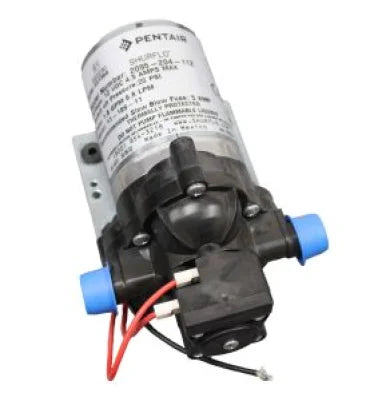 High-flow water pump with black housing, blue push fittings, and red/black wires