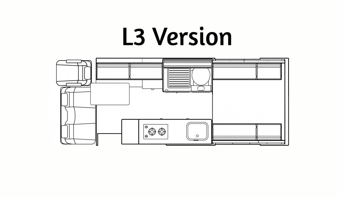 L3 camper van interior layout diagram with bed and fixtures shown