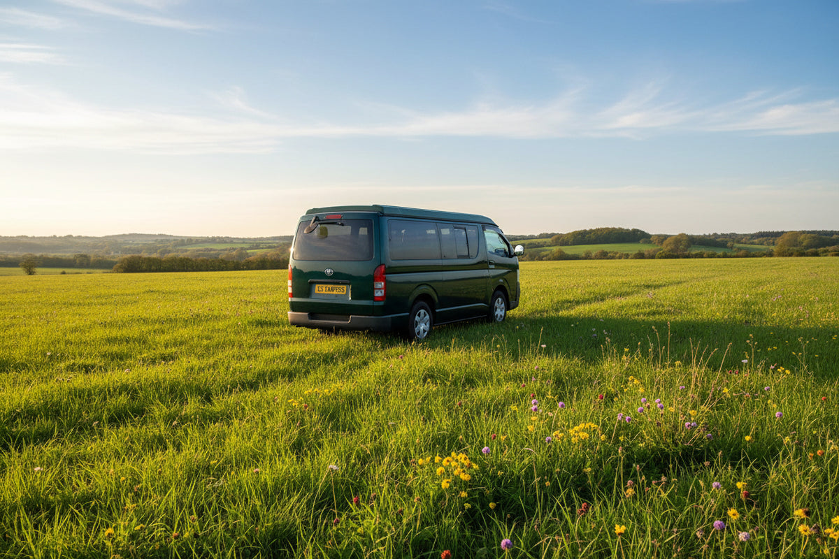 Toyota RegiusAce pop-top roof van in dark green, rear three-quarter view