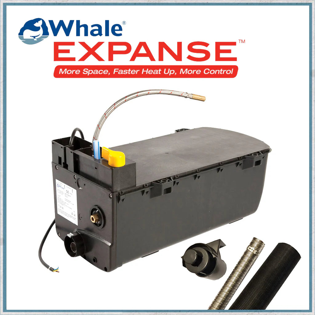Upgrade to Hot Water with a Fully Fitted Onboard Heater Whale Expanse 8L Water Heater - Runs on LPG or Mains Hookup Power