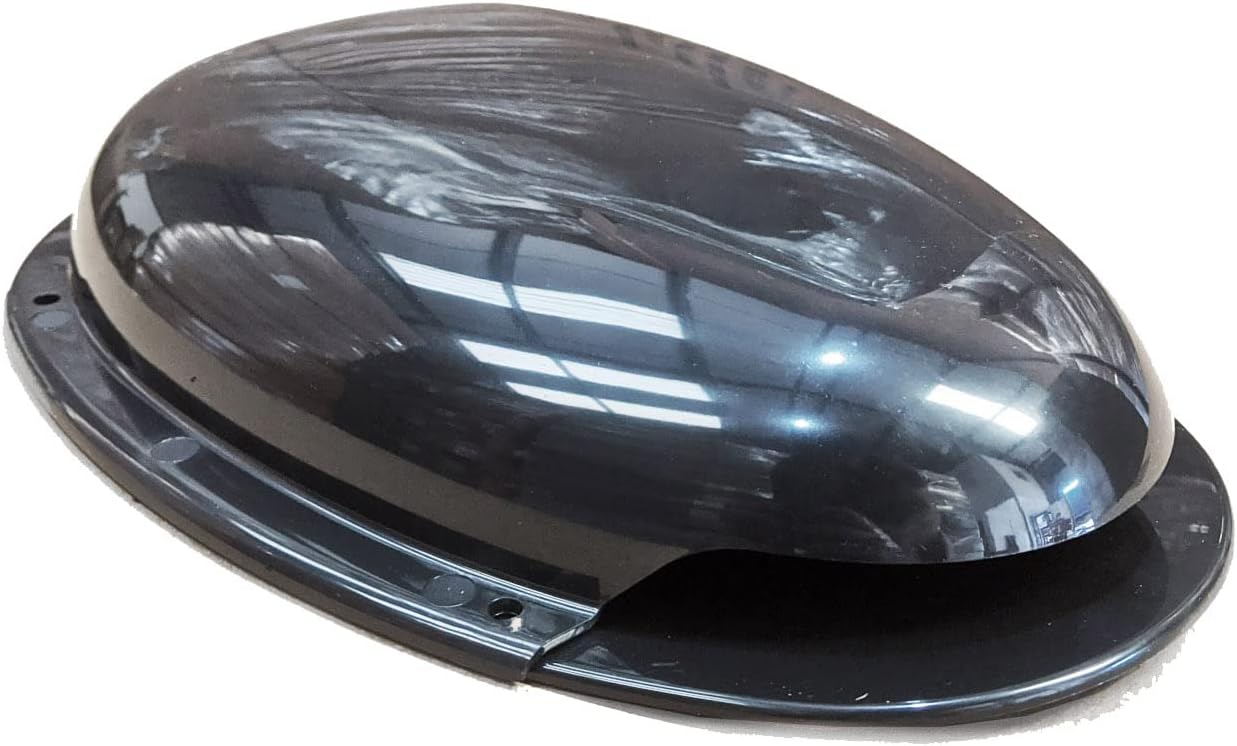 Black roof skylight dome with dark-tinted glass top and mounting base ring