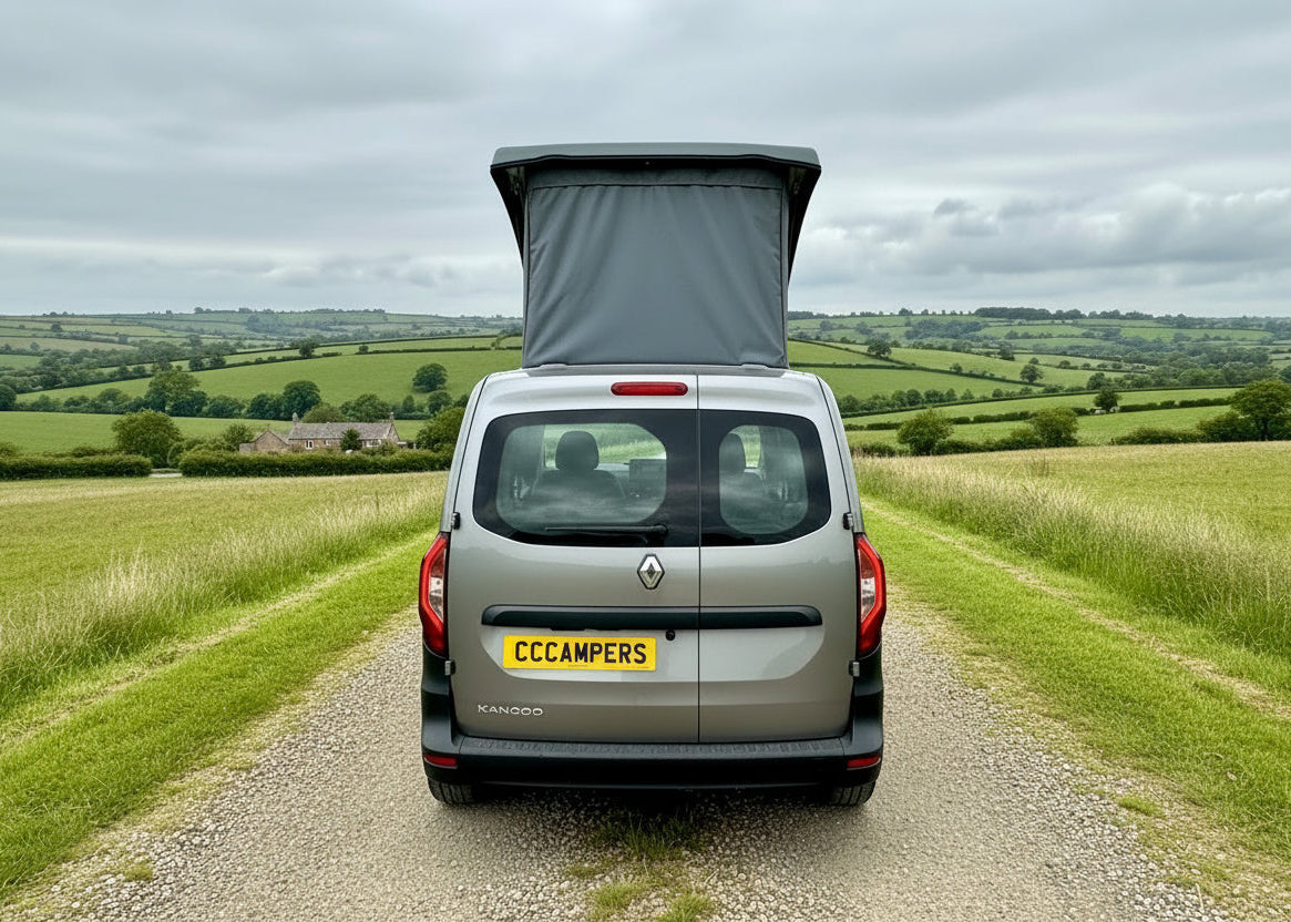 CCCampers Renault Kangoo LWB 2020 pop-top roof elevated — rear view showing canvas and clear rear window, fitted at our Worcestershire workshop