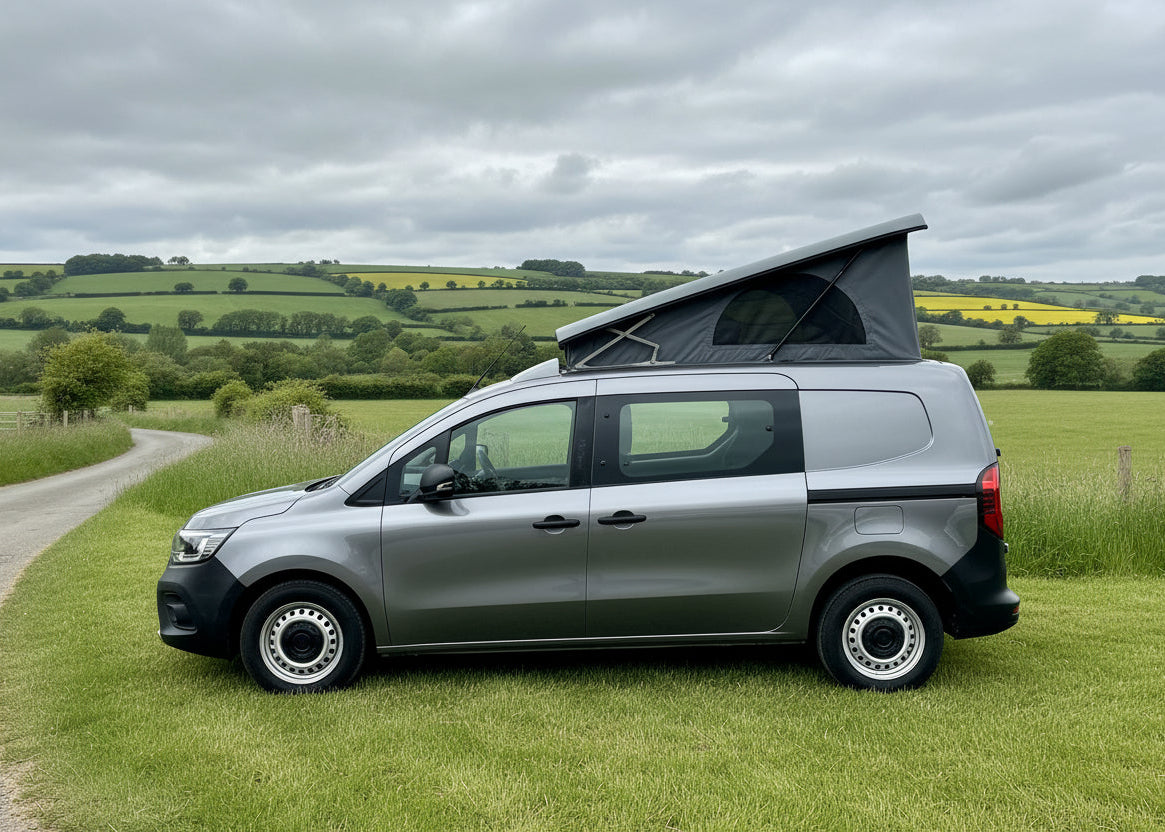 CCCampers Renault Kangoo LWB 2020 pop-top roof open — driver's side view showing scissor hinges and marine-grade canvas