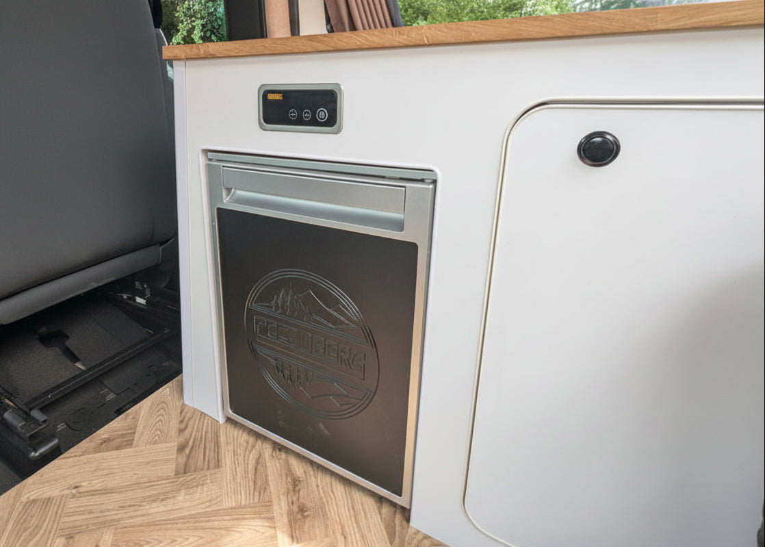 Compact 35L smart compressor fridge installed inside The Wyre VW ID. Buzz electric campervan by CCCAMPERS.
