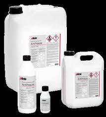 Alde coolant replacement fluid bottles in white with black caps
