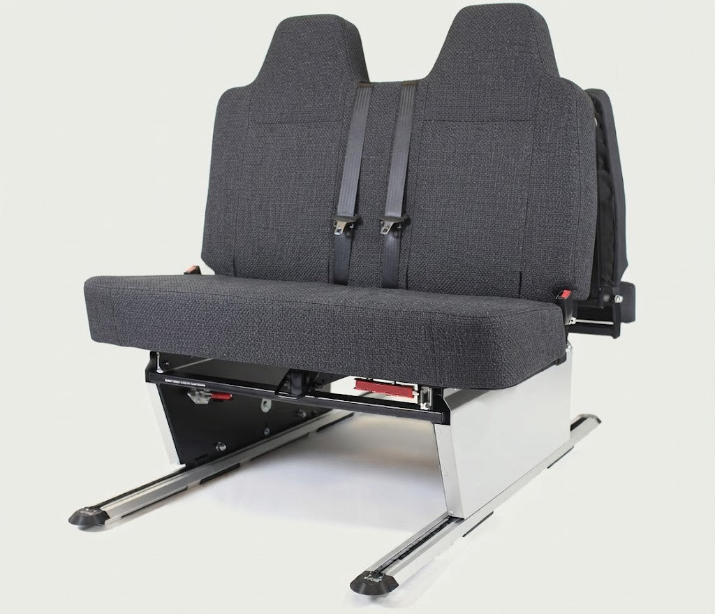 Kia PV5 campervan Shelsley Rock ’n’ Roll seat bed upright, showing the sliding floor rails 1100 mm or 3ft 7.31in wide
