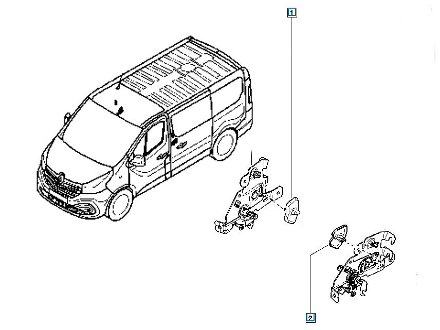 Sliding door lock assembly in exploded view, showing mounting hardware and lock parts