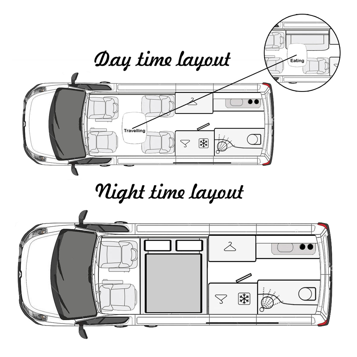 The 'Abberley' Renault Master & Nissan Interstar Campervan Conversion Service by CCCAMPERS — central aisle view showing store-away dining table, overhead lockers, built-in oven, and cab seats beyond