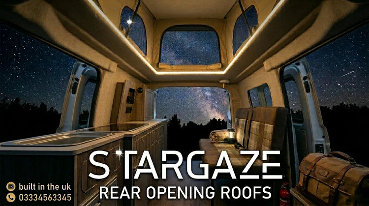 Interior view of a CCCAMPERS Stargaze rear opening pop top elevating roof featuring a panoramic starry sky view and integrated LED lighting, built in the worcestershire UK.