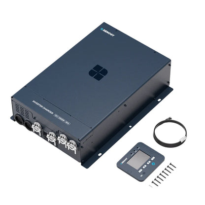 A black Renogy inverter charger unit shown at an angle with its mounting bracket, a coiled cable, a small handheld controller, and mounting screws on a plain white background.
