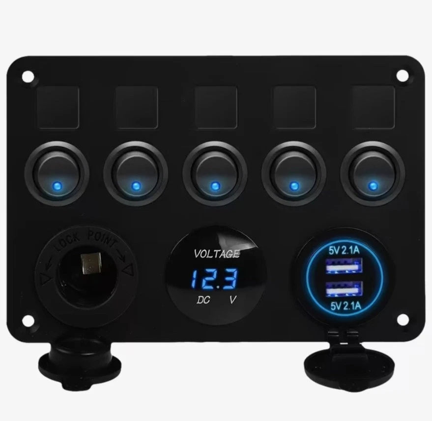 Black 12V power switch panel with voltage display and five blue indicator ports