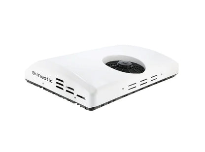 Mestic roof-mounted air conditioner unit, white housing with circular fan vent on top