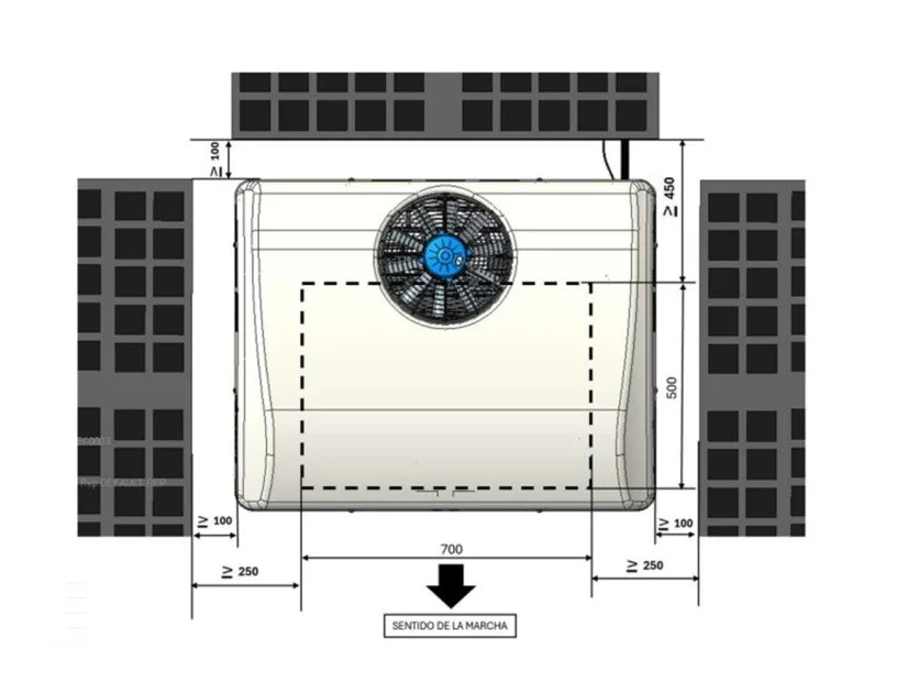 Mestic roof-mounted air conditioner unit, fan grille centered with mounting dimensions