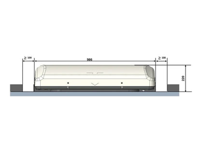 Mestic roof-mounted air conditioner unit, white rear/side profile with inlet grille