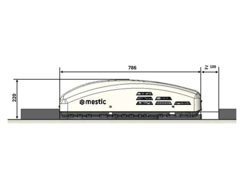 Mestic roof-mounted air conditioner unit, white side profile with control icons