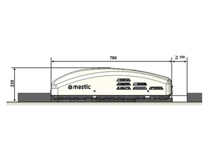 Mestic roof-mounted air conditioner unit, white side profile with control icons