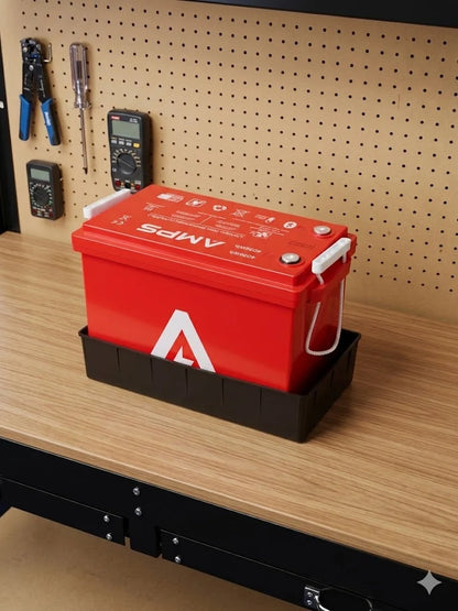 Red LiFePO4 lithium battery pack on shelf with side handles and wiring ports