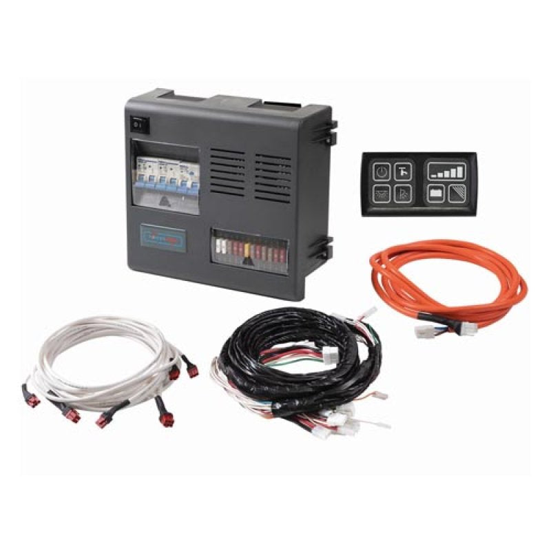 Black DC-to-DC charger with attached wiring harnesses and control display